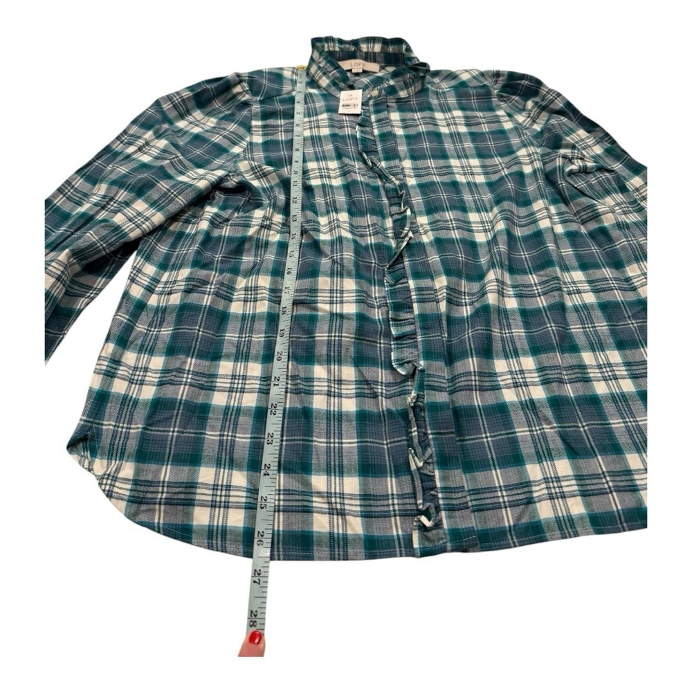 LOFT Green Plaid Ruffle High Neck Ruffle Front Button Down Shirt NEW Size Large - Picture 10 of 16